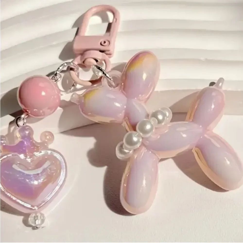 Pink Balloon Dog Keychain with Heart Charm